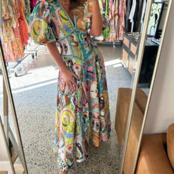 Green Art  Puff Sleeve Corset Linen Abstract Floral A- Line Midi Dress XL - Picture 4 of 16